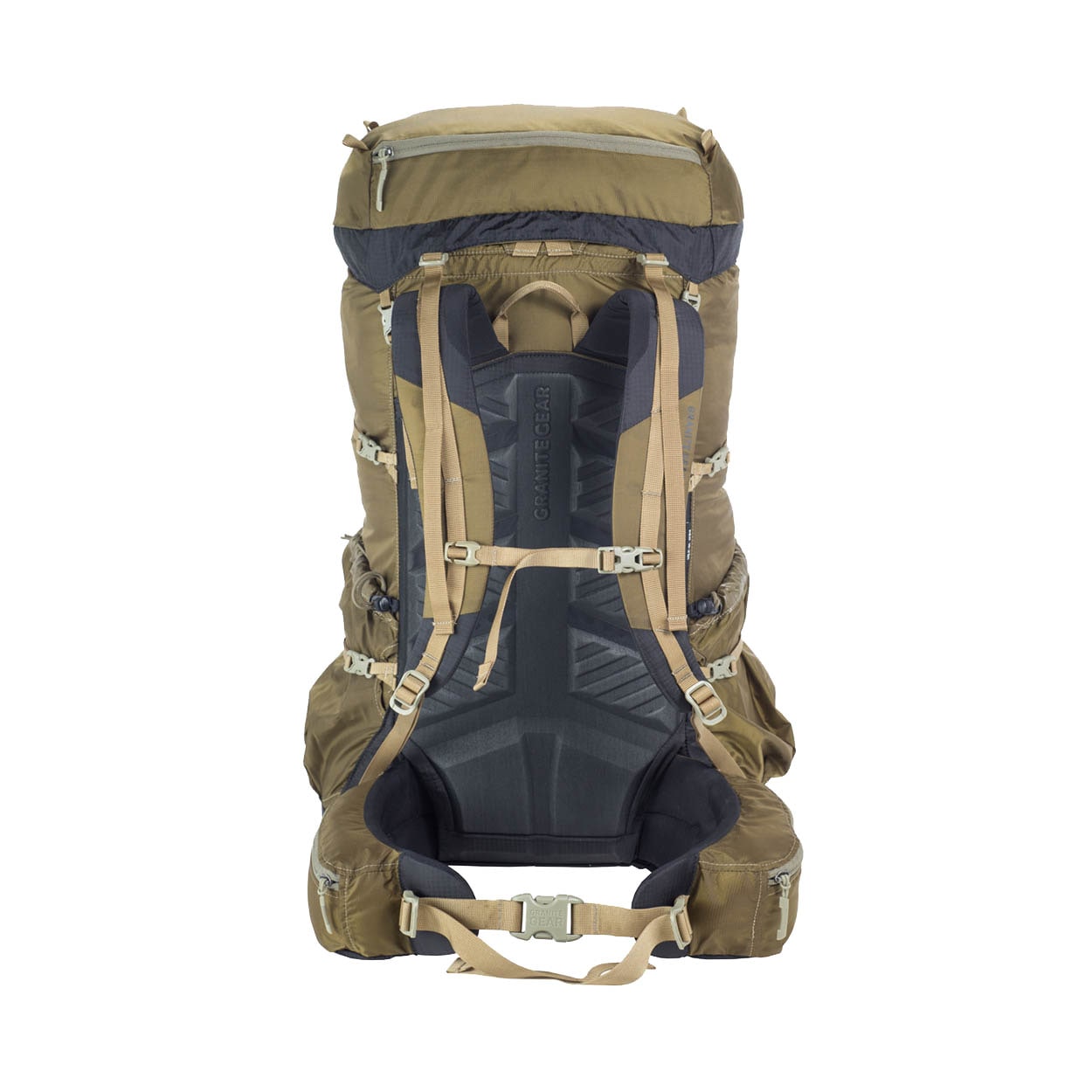 Vystužená zadní část batohu Granite Gear Crown2 60 v hnědé barvě.