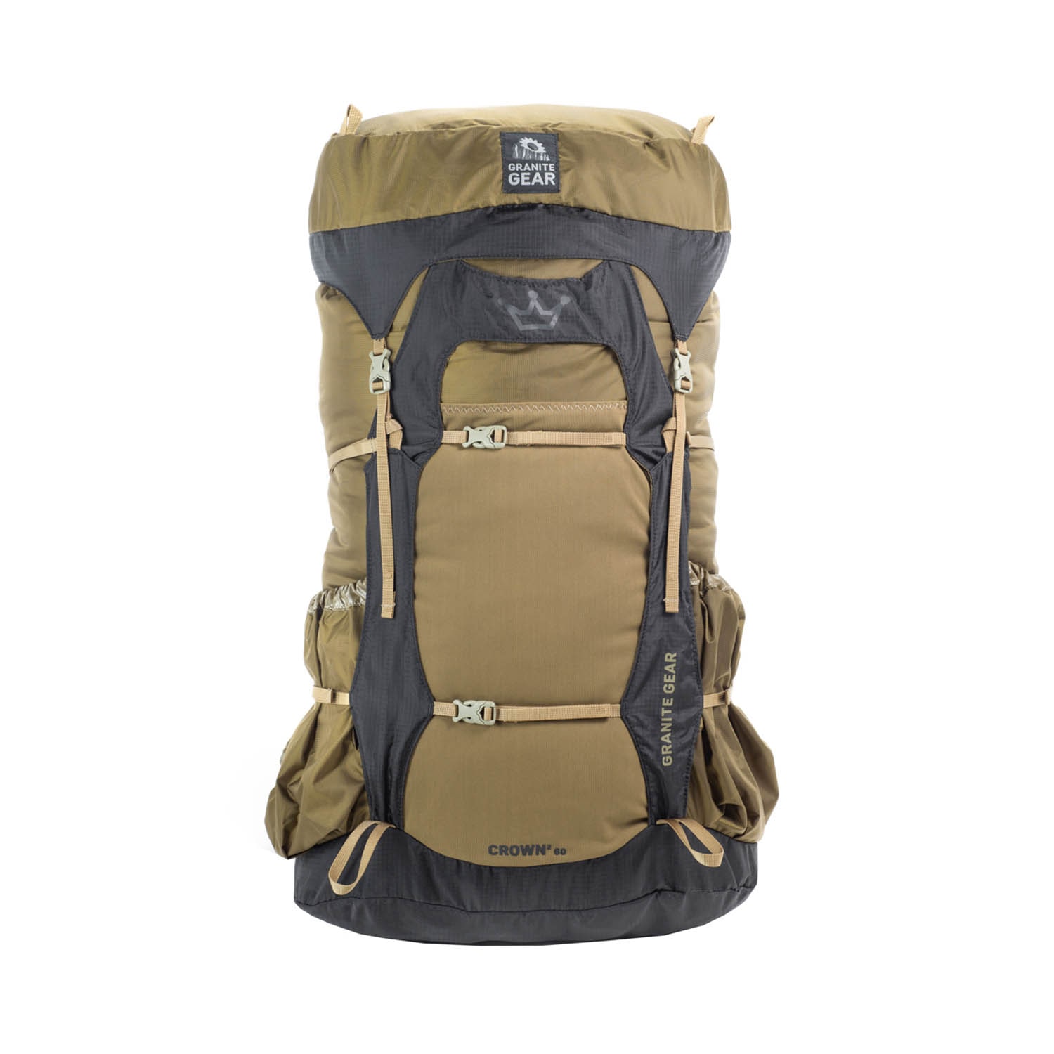 Přední část batohu Granite Gear Crown2 60 zabezpečený stahovacími popruhy, v hnědé barvě.