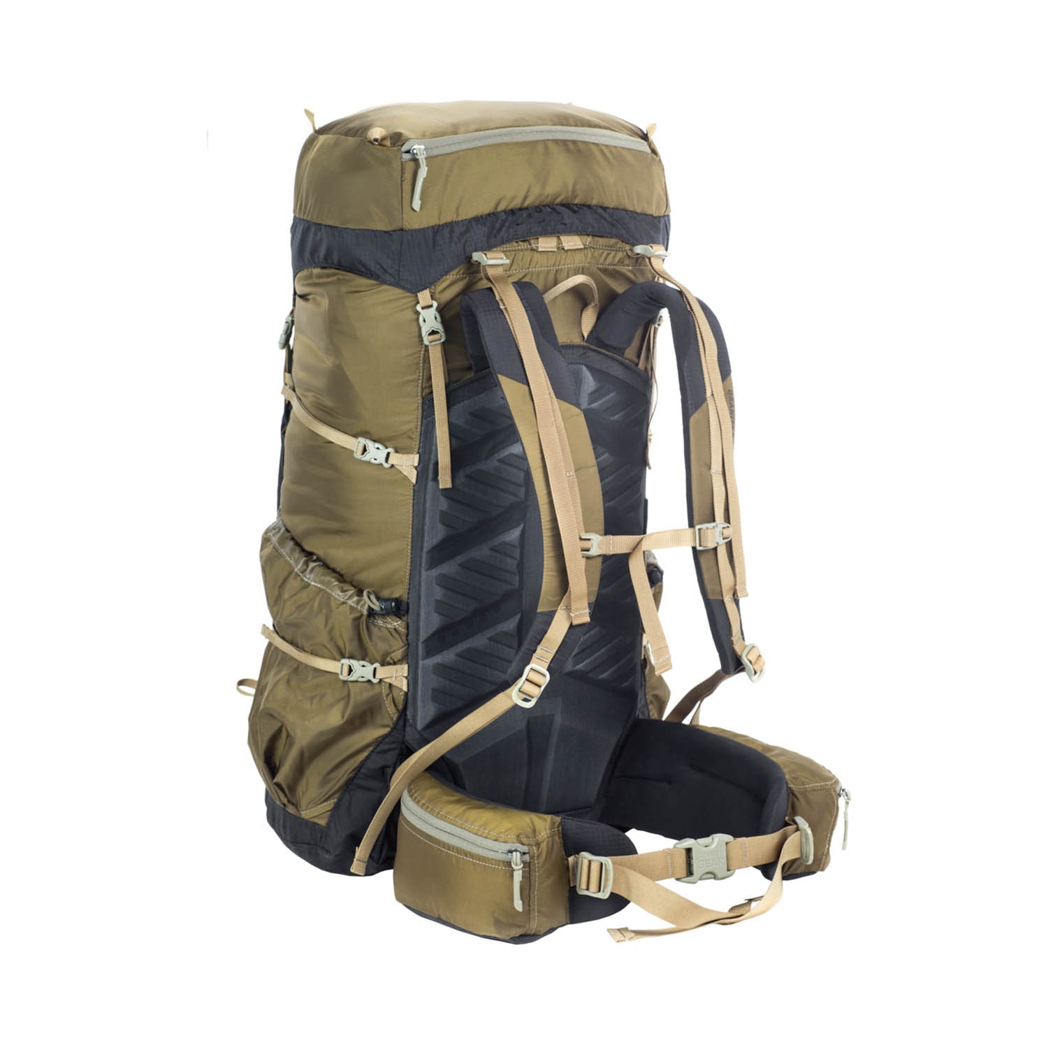 Vystužená zadní část batohu Granite Gear Crown2 60 v hnědé barvě.