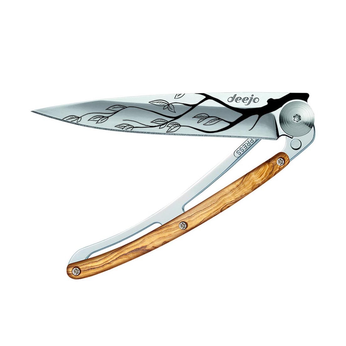3861 2 Deejo 1ab000107 5 Ultralehký a minimalistický nůž Deejo Tattoo Mirror 37g Tree Olive Wood s motivem stromu