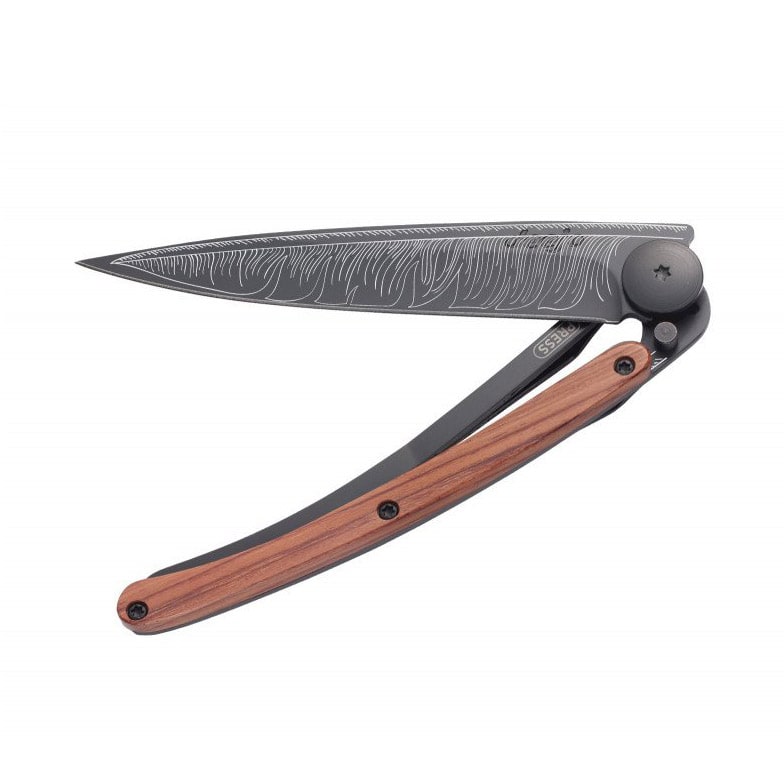 848 Deejo 1gb102 A Ultralehký a minimalistický nůž Deejo Tattoo Black 37g Feather Coralwood s motivem peříčka