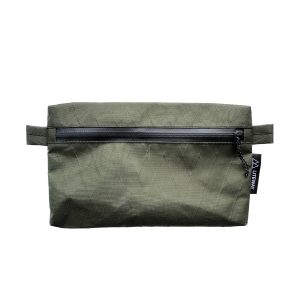 Olive-green zip pouch with a horizontal black zipper and small side straps, brand tag reads LITEWAY on the right edge