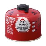 Red MSR IsoPro all-season fuel canister with black cap, safety icons and warning text for flammable fuel.