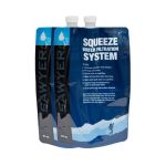 Two blue Squeeze water filtration system pouches with white caps, standing upright.