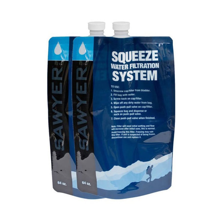 Two blue Squeeze water filtration system pouches with white caps, standing upright.