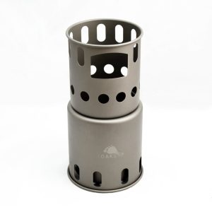 Toaks metal camping stove windscreen with perforated sides, standing upright.