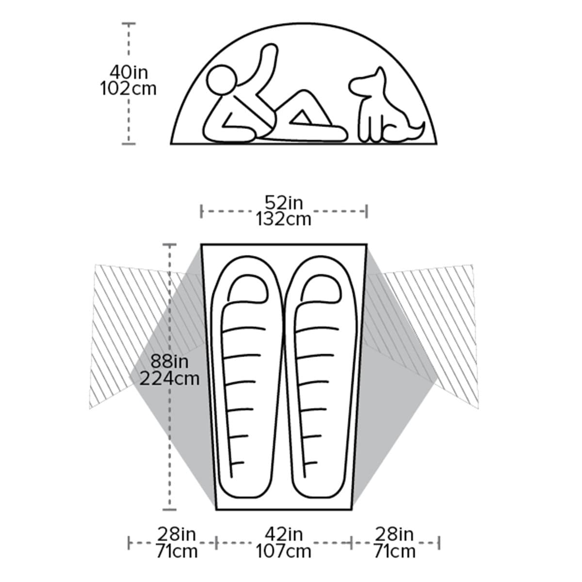 Ultralehký Stan Pro Dvě Osoby Big Agnes Copper Spur HV UL2 Vnitřní Rozměry Stanu Půdorys a řez stanu Big Agnes Copper Spur HV UL2