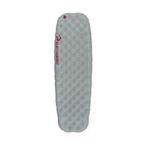 Gray quilted inflatable camping sleeping pad with pink branding along the left edge
