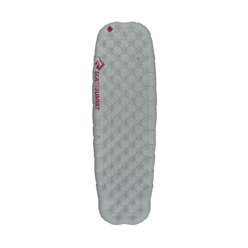 Sea To Summit Womens Ether Light XT Insulated AMELXTINS WR A 1024x1024 Gray quilted inflatable camping sleeping pad with pink branding along the left edge