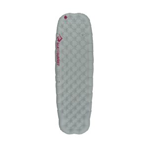 Gray inflatable camping sleeping pad with a diamond quilted pattern and a pink Sea to Summit logo along the left edge.