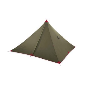 Close-up of an olive-green camping tent peak with a red tip against a white background.