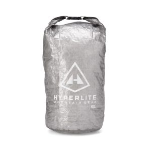 Packsack from Hyperlite Mountain Gear in metallic gray with a white logo and 10L label visible on the front.