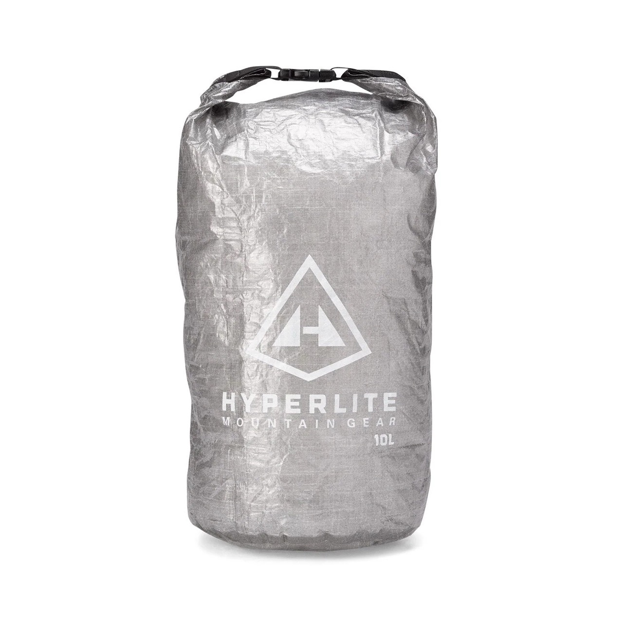 Packsack from Hyperlite Mountain Gear in metallic gray with a white logo and 10L label visible on the front.