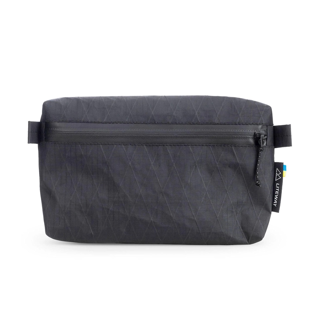 Dark gray zippered toiletry pouch with a side strap and brand tag visible on the right side