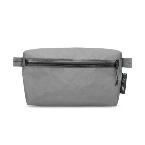 Gray rectangular travel pouch with a horizontal zipper pocket and fabric pulls on each side.