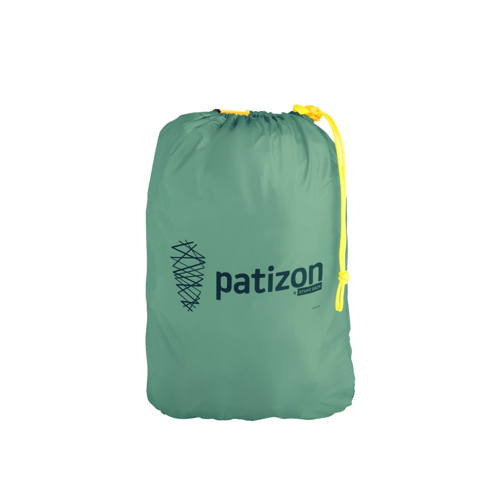 Teal drawstring stuff sack with a bright yellow cord, displaying the 'patizon' logo.