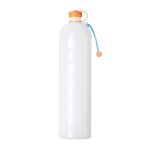 White plastic water bottle with an orange screw-on cap and a blue carrying strap/Cord