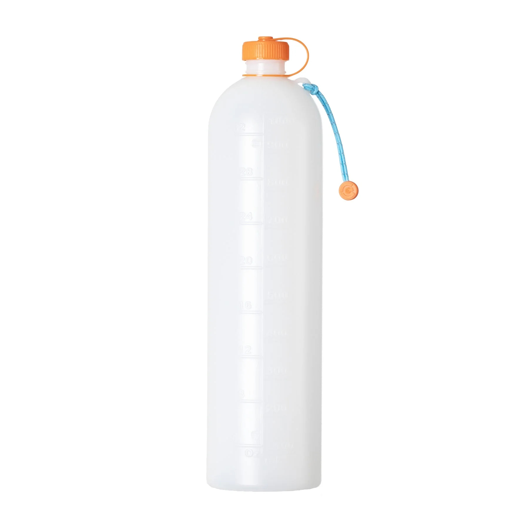 White plastic water bottle with an orange screw-on cap and a blue carrying strap/Cord