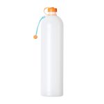 White plastic water bottle with an orange twist-cap and blue carrying cord looped on the side.
