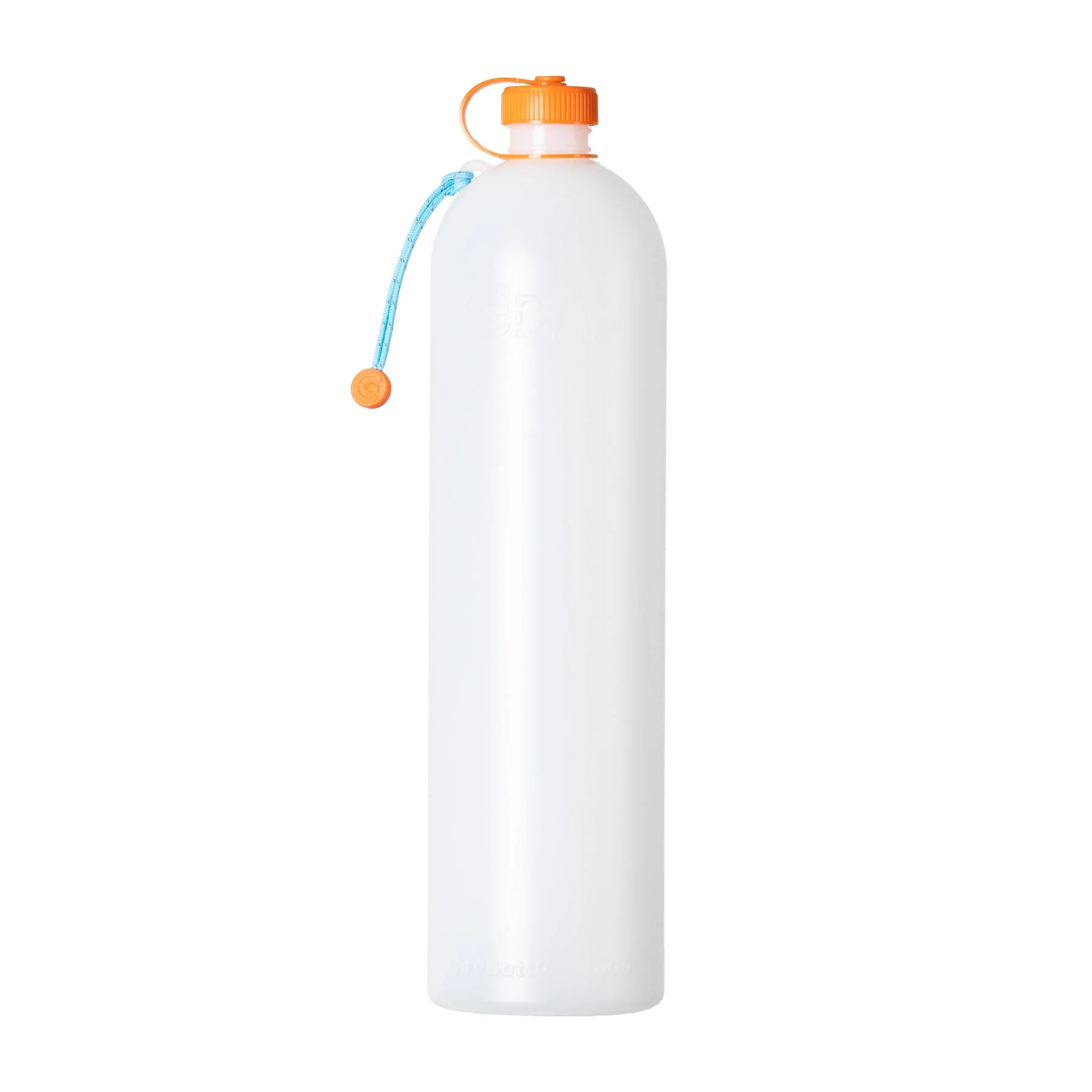 White plastic water bottle with an orange twist-cap and blue carrying cord looped on the side.