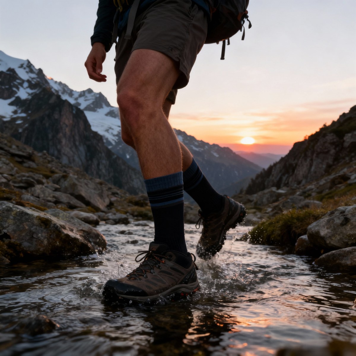 Hiker wading through a rocky mountain stream at sunset, wearing hiking boots and blue socks with a backpack visible.