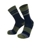 Pair of navy blue crew socks with olive green cuffs, heels, and toes featuring horizontal stripes at the top and color-block detailing