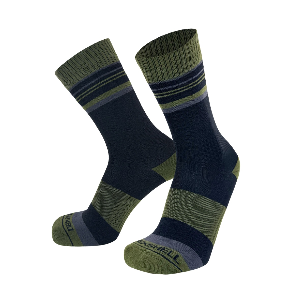 Pair of navy blue crew socks with olive green cuffs, heels, and toes featuring horizontal stripes at the top and color-block detailing