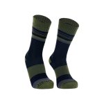 Pair of navy socks with olive green cuffs, stripes, and toe, displayed side by side as a product photo in a white background.