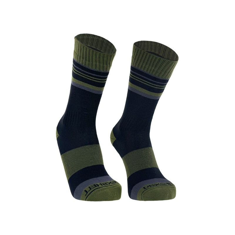 Pair of navy socks with olive green cuffs, stripes, and toe, displayed side by side as a product photo in a white background.