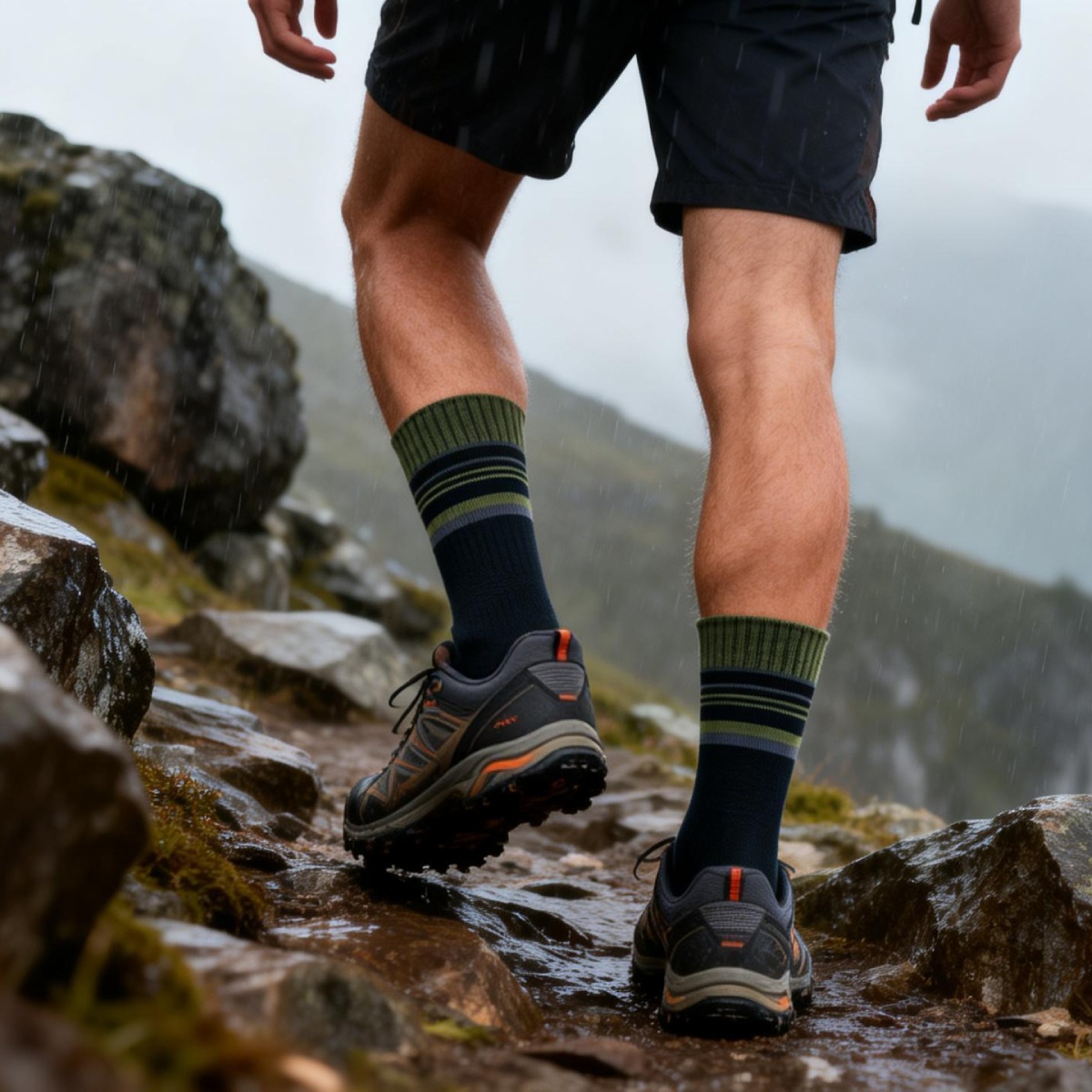 Person hiking on a wet, rocky trail in the rain, wearing shorts, striped socks, and trail shoes as they step on slick stones.