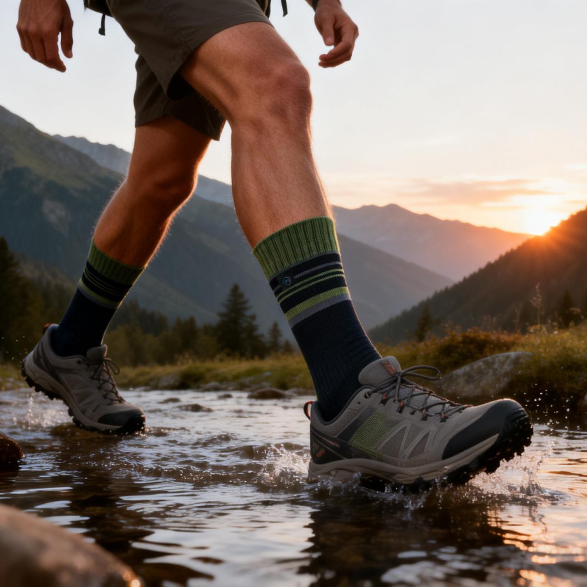Hiker crossing a shallow mountain stream at sunset, wearing gray trail shoes and green-striped socks.