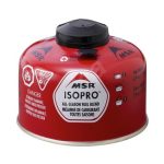 MSR IsoPro Plynova Kartuse 110g Main Red MSR Isopro all-season fuel blend canister with black screw cap and warning icons on the side (flammable)