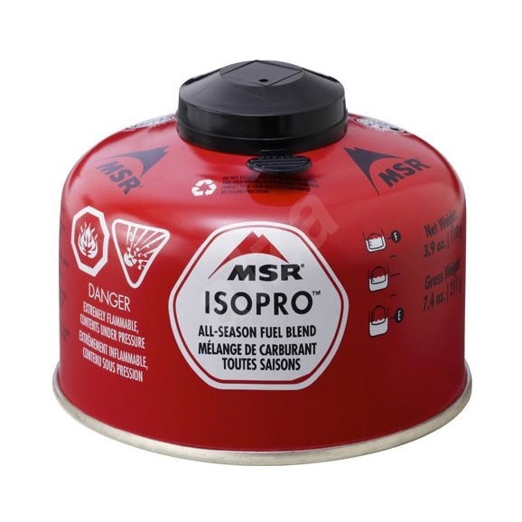 MSR IsoPro Plynova Kartuse 110g Main Red MSR Isopro all-season fuel blend canister with black screw cap and warning icons on the side (flammable)