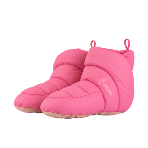 Pair of pink padded baby bootie slippers with beige soles and pull tabs at the back.
