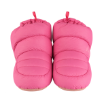 Pair of bright pink padded quilted slippers with back pull tabs, viewed head-on from the front.