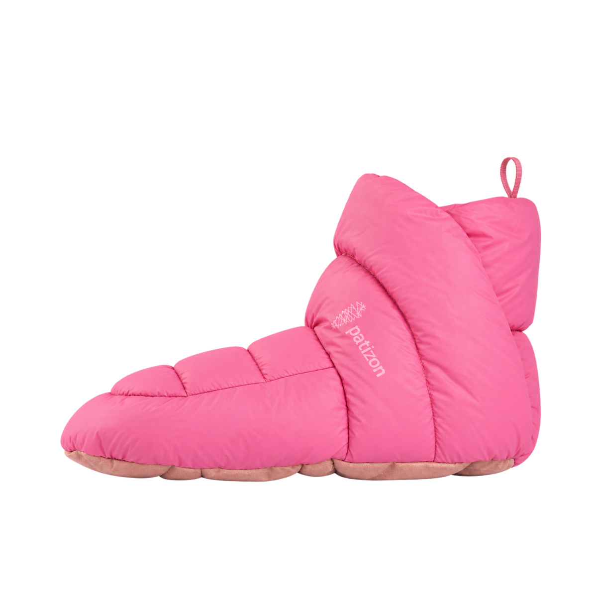 Pink quilted slipper boot with a soft tan sole, back loop, designed for indoor wear.