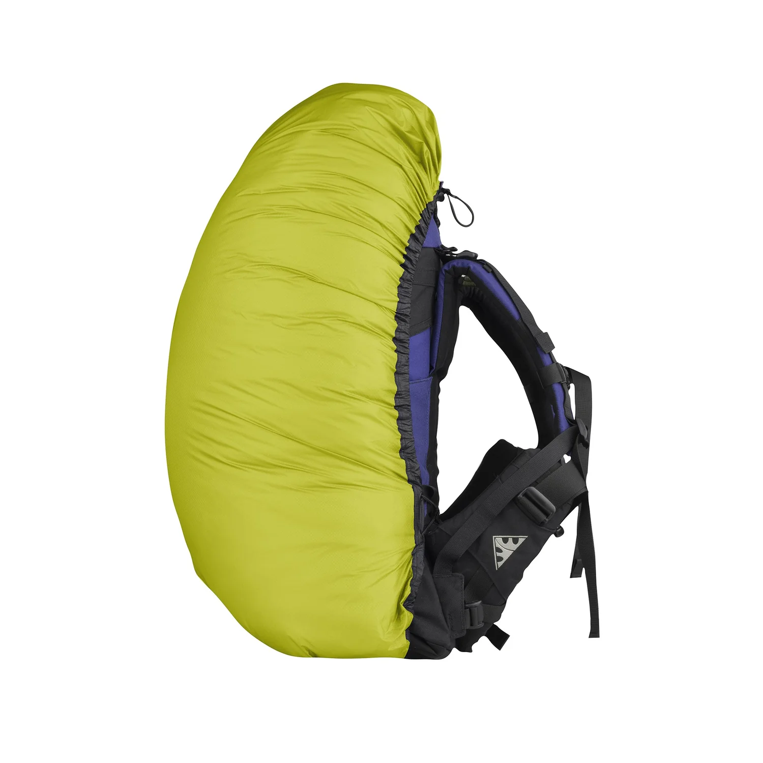 Side view of a lime-green sleeping pad attached to a blue-and-black hiking backpack.