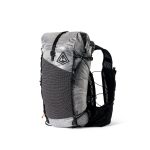 Gray hiking backpack with black straps and a breathable mesh back panel, front side pocket visible and a triangular logo on the flap