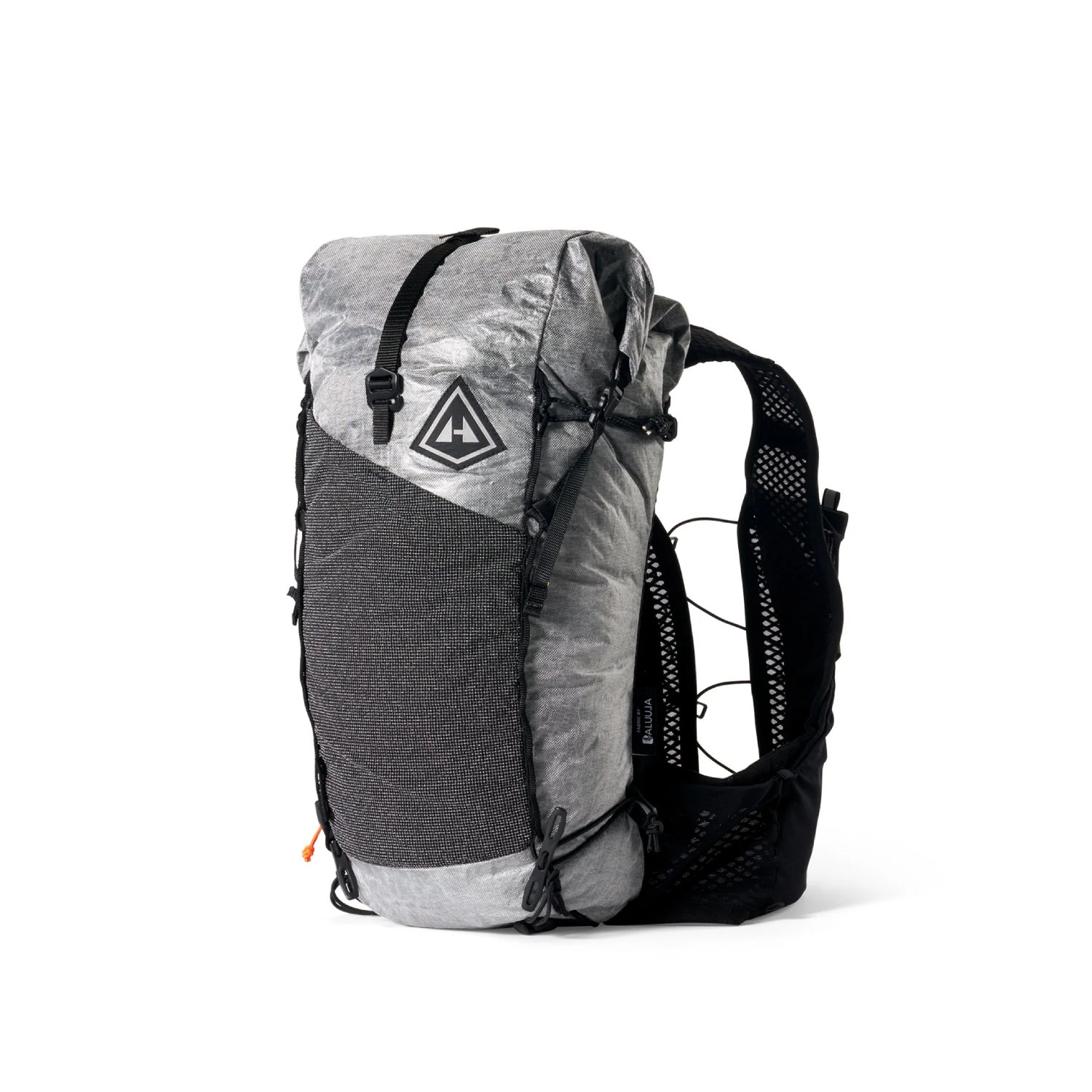 Gray hiking backpack with black straps and a breathable mesh back panel, front side pocket visible and a triangular logo on the flap