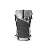 Grey and black hiking backpack with a textured front panel, straps, and a diamond-shaped logo on the flap