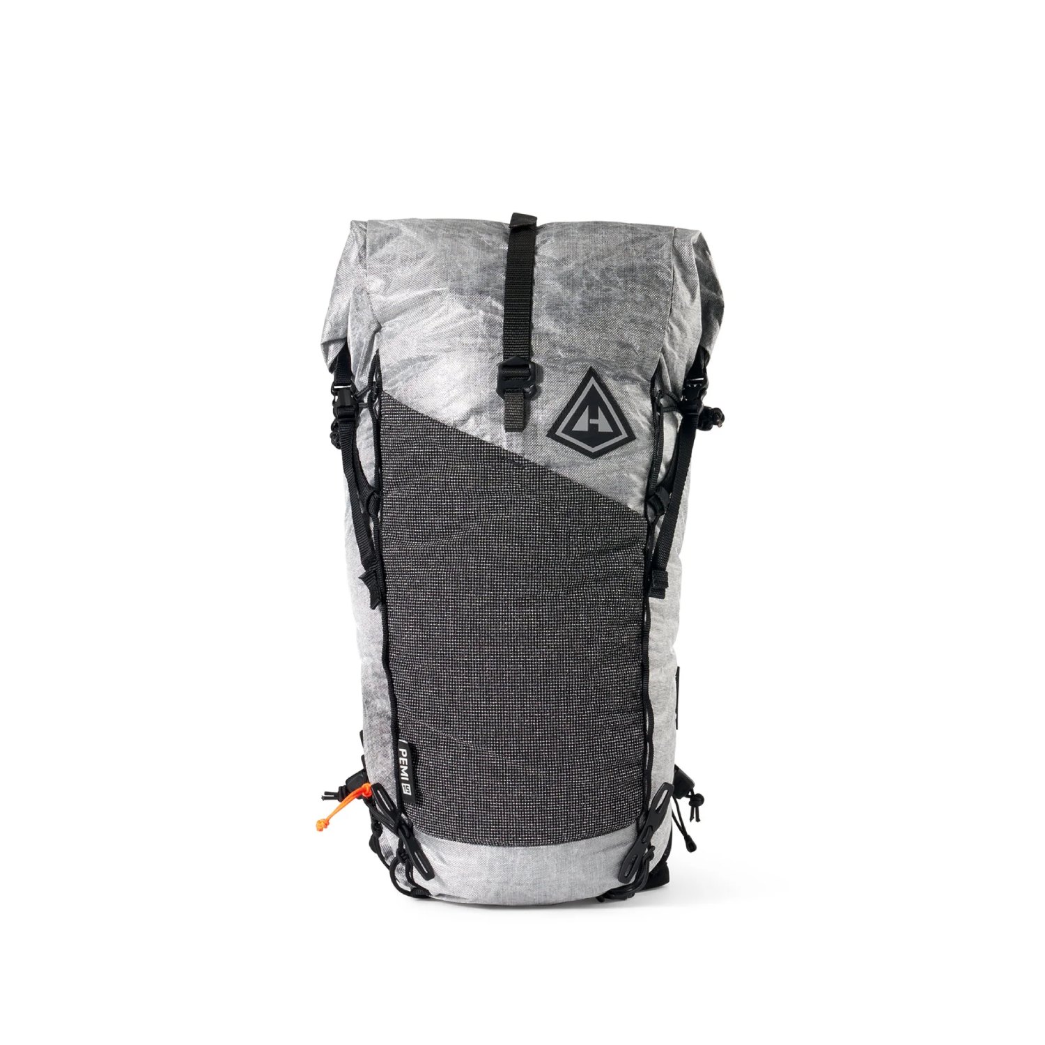 Grey and black hiking backpack with a textured front panel, straps, and a diamond-shaped logo on the flap
