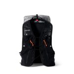 Black hiking backpack with mesh panels, orange zipper pulls, and a gray top pocket, shown front-facing.