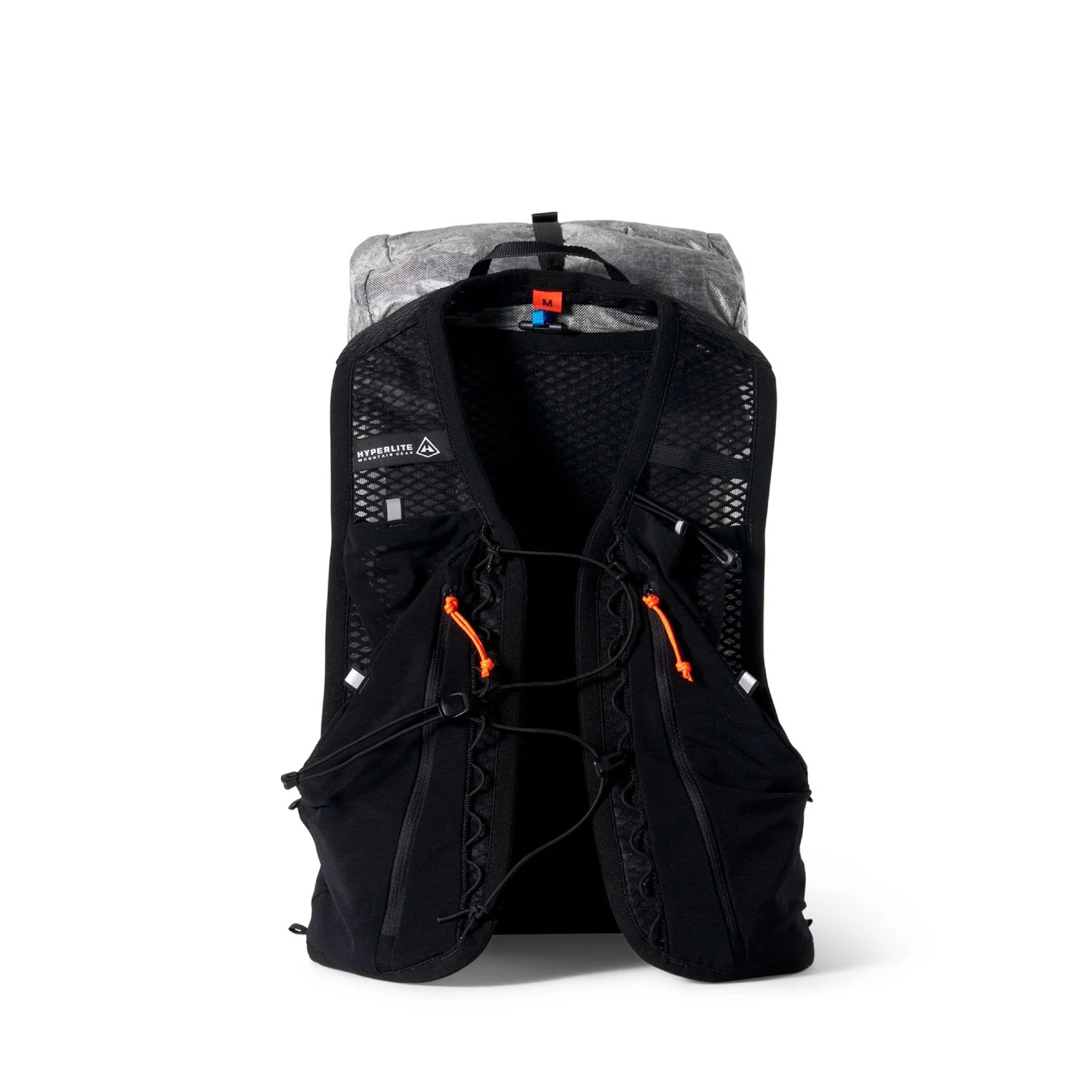 Black hiking backpack with mesh panels, orange zipper pulls, and a gray top pocket, shown front-facing.