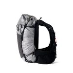 Gray and black hiking backpack with padded shoulder straps and chest strap, designed for outdoor use on trails.