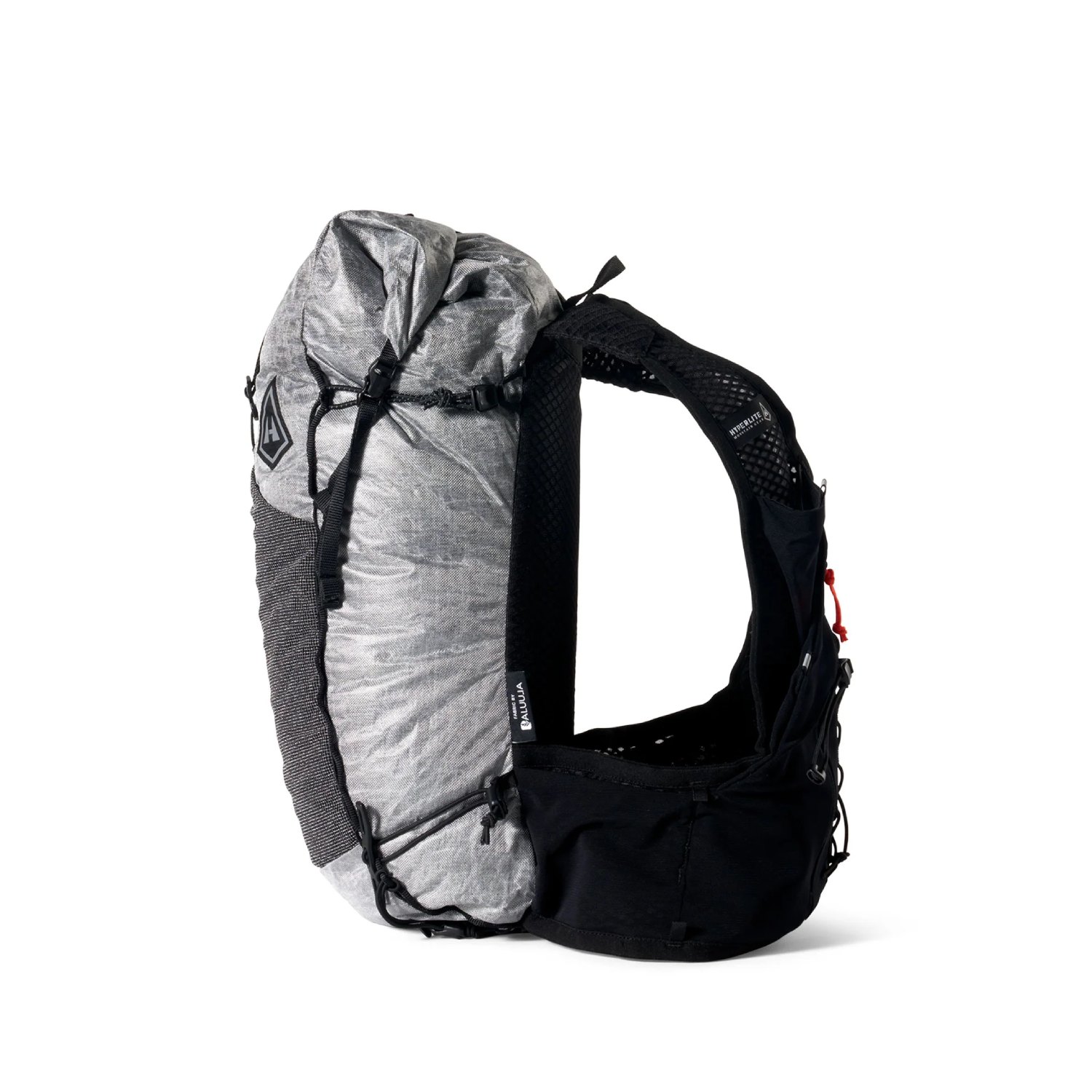 Gray and black hiking backpack with padded shoulder straps and chest strap, designed for outdoor use on trails.