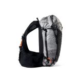 Grey and black lightweight hiking backpack with mesh shoulder straps and orange cord toggles, shown from side/back.