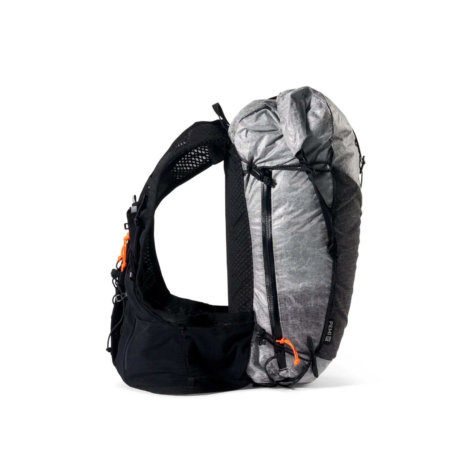 Grey and black lightweight hiking backpack with mesh shoulder straps and orange cord toggles, shown from side/back.