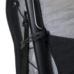 Close-up of a backpack side showing a black zipper with a cord and a plastic cord lock on gray fabric.