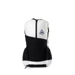 Color-block backpack with white top and black lower section, featuring a front pocket and a triangular logo badge on the upper panel.