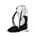 Ultralight hiking backpack with white top and black bottom, shown from the side with external bungee cords and mesh pocket.